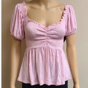 Pink Babydoll Top Ruched Blouse Coquette Ballerina XS Sweetheart Puff Sleeve
